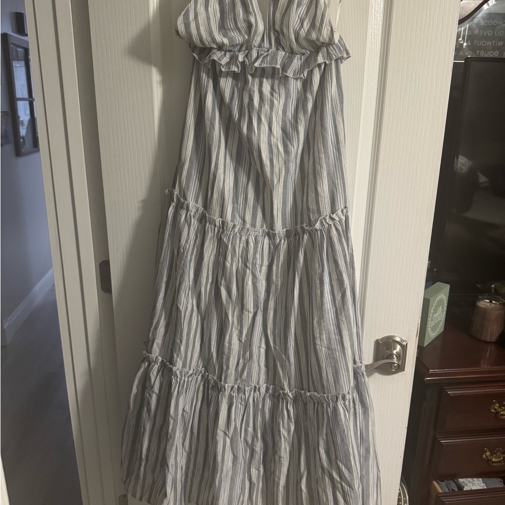 Lulu's Vacay Babe Blue and White Striped Ruffle-Tier Maxi Dress
